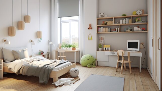 Streamlined Scandinavian design in children's interior. AI generated