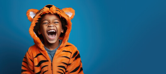 Cute Young Boy Dressed as a Tiger for Halloween on an Blue Banner with Space for Copy