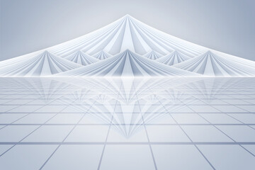 The lines converge into a mountain, its reflection on the unmanned square, rendered in 3D.