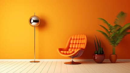 Interior with armchair, floor lamp and plant in 70s style and orange, Generative AI - 617409961
