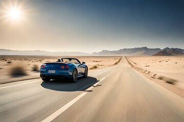 A sports car zooming across a desert landscape, leaving a trail of dust behind and against a clear blue sky.