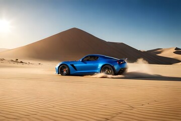 Fototapeta na wymiar A sports car zooming across a desert landscape, leaving a trail of dust behind and against a clear blue sky.