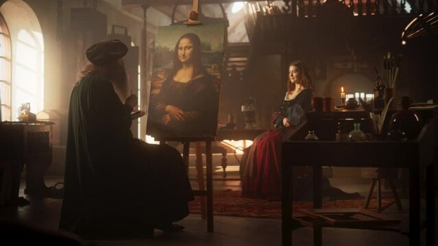 Documentary Shot: Beautiful Model Inspiring Leonardo da Vinci to Paint the Mona Lisa in his Art Studio. Renaissance Era Recreation Footage Full of Inspiration, Talent and Innovation of High Art