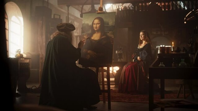 Recreation of Historical Moment: Beautiful Model Giving Life to the Painting of the Mona Lisa By Posing While the Painter Leonardo da Vinci is Making a Portrait of Her in Art Workshop. Renaissance Era