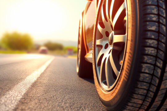 Car is parked on the road with a summer sunny landscape. Close-up of a car wheel with a rubber tire for summer weather. Generative AI