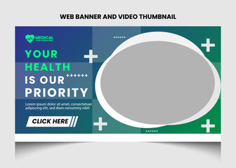 Healthcare or medical video thumbnail and web banner template design. Healthcare medical poster design. 