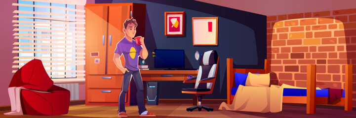 Teen boy in bedroom vector cartoon home interior background. Children house with study desk, drawer and poster. Geek or gamer teenager character design with window and computer in dorm apartment.