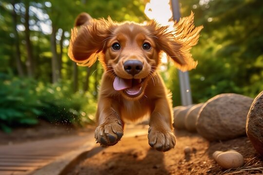photo of an happy puppy dog running in the garden