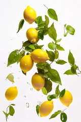 studio photo of fresh lemons falling with water splashes isolated on white background png