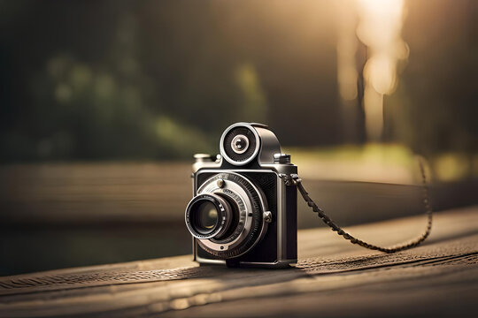 Old digital camera isolated on wooden table with beatifull background