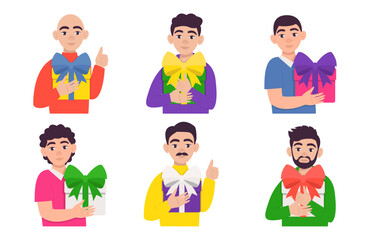 Set of men with gift boxes. Vector graphic.