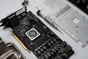 Disassembly of the graphics card for repair and maintenance.