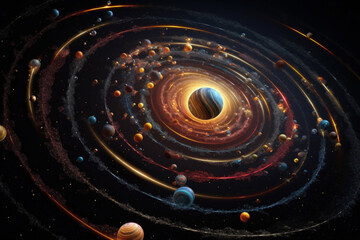 Celestial Spheres: A mesmerizing depiction of cosmic bodies orbiting a central star, showcasing the beauty and complexity of the universe. 