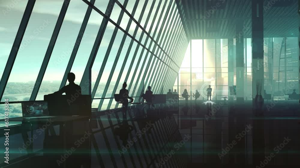 Sticker ai work is displayed in a spacious office with people. 3d render