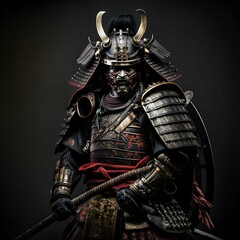 In the highresolution 4K image there is a samurai standing view of full body long katana attack position looking straight ahead with a determined gaze in his eyes dark artistic background The 