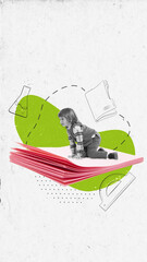 Creative art collage. Little boy sitting on giant paper sheets. Concept of back to school, classmates, education, studying