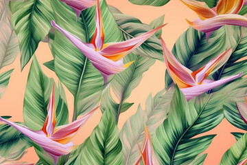 jungle flower pattern trendy colorful pink orange leaf tropical seamless. Generative AI.