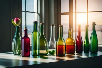A collection of vibrant tulips arranged in glass bottles of various shapes and sizes, casting beautiful shadows on a sunlit windowsill.