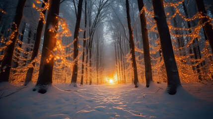 Winter Forest at Sunrise - Snow Landscape. Created using generative AI tools