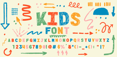 Playful style font design, childish alphabet letters and numbers