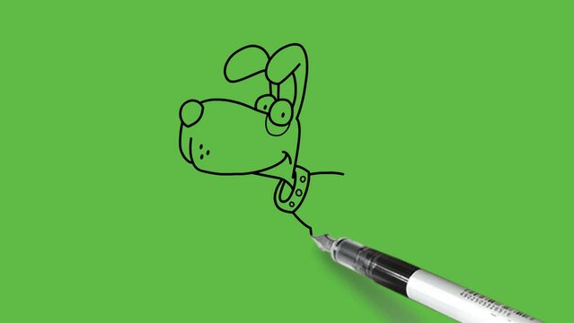Draw standing dog in cartoon character with black outline on abstract green screen background
