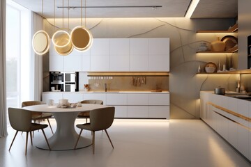 High-End Modern Kitchen with luxurious furniture and finishings. Large island with dining and sleek design