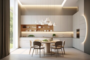 High-End Modern Kitchen with luxurious furniture and finishings. Large island with dining and sleek design