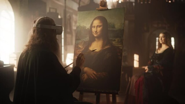 The Past Meets the Future: Back View of Leonardo Da Vinci Creating the Painting of the Mona Lisa on Canvas While Wearing VR Goggles in his Workshop. Futuristic Recreation of Historical Figure