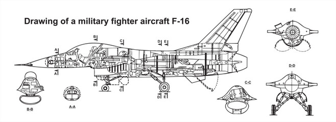 Vector drawing of a military aircraft f-16.
General view of a war plane fighter bomber.
Front view and cut. Cad scheme. 