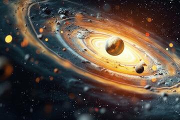 Celestial Dance: A mesmerizing display of celestial bodies swirling in a cosmic ballet, with planets and asteroids moving in harmony amidst a vibrant, starlit canvas.