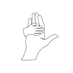 Hand of child and father or parent vector illustration hand drawn. Line art style a fist day child and a man's hand.