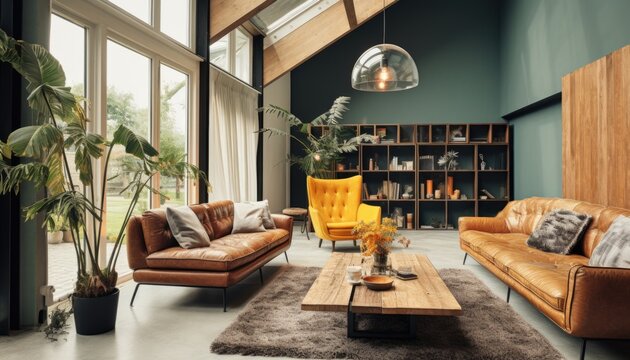 Danish design interior. Beautiful Scandinavian style interior room in mid century modern style.