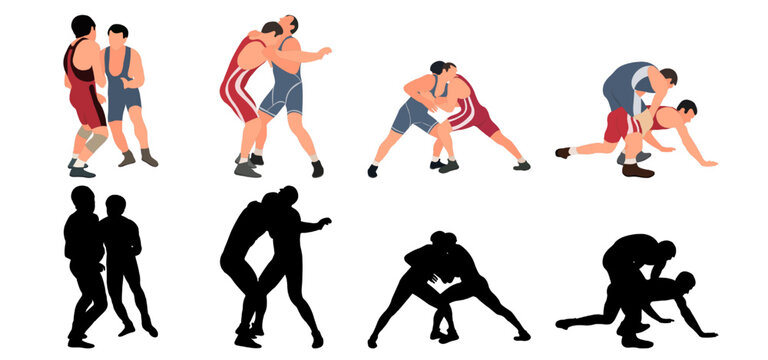 Set of wrestlers silhouettes. Image of greco roman wrestling, martial art, sportsmanship