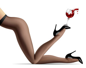 Female legs in pantyhose and high-heeled shoes holding a glass of red splashed wine isolated on white. Vector illustration