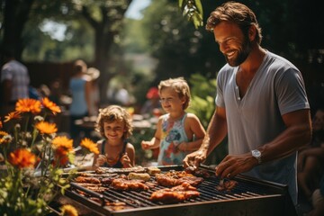 Labor Day Fun - Family Enjoying a Backyard Barbecue. Generative AI
