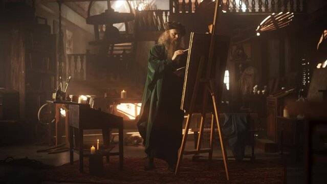 Renaissance Era Concept: Inspired Senior Male Painter Adding Details to his Painting on Canvas. Professional Artist in his Art Studio Painting his Next Masterpiece. Wide Shot