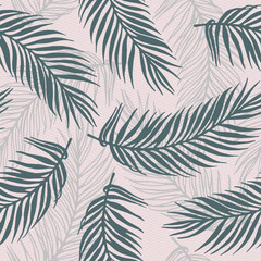 Fototapeta na wymiar Repeat jungle palm leaves vector pattern. Botanical elements over waves texture