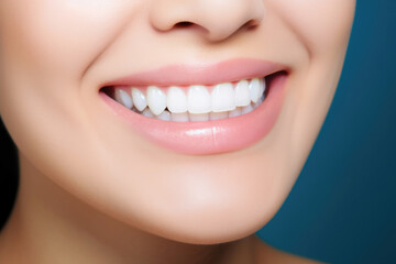 Fototapeta premium Woman's Laughing Mouth on Blue Background. Generative AI