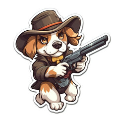 Charming Cartoon Sticker Of Cowboy Dog With Rifle - Generative A.I. Art