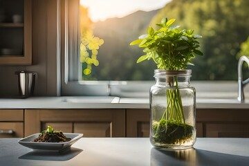 An assortment of colorful herbs, including basil, mint, and rosemary, thriving in glass bottles filled with water, creating a stunning and functional herb garden on a kitchen windowsill.