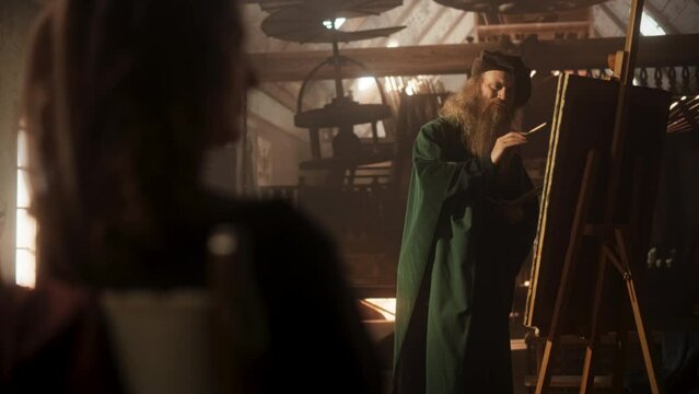 Representation of Historical Era: Wide Portrait of the Genius Leonardo Da Vinci Painting his Muse and Creating a Masterpiece in his Art Workshop. Talented Renaissance Painter Practicing his Craft