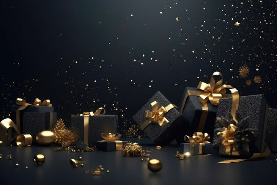 Magical Holiday Banner: Shining Lights, Snowflakes, and Gold Confetti. Generative AI