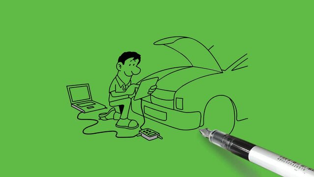 draw young mechanic repair car vehicle open bonnet with tools and electric machines with black outline on abstract green screen background
