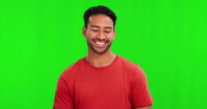 Communication, sign language and Asian man on green screen for thank you, gratitude and grateful. Deaf, chromakey studio and portrait of male person with hand on chest for signing, symbol and speech