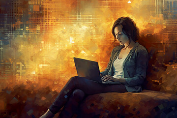 a woman sitting on a couch using a laptop computer, in the style of textured canvas