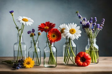 Colorful wildflowers, including daisies, poppies, and lavender, beautifully arranged in glass bottles of varying heights, creating a whimsical and rustic centerpiece.