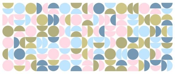 Bauhaus geometric background, vector art, with blue and green, pink elements, semicircles, circles, Bauhaus style trendy background for print, wall decor, web, design, fabric.