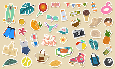 Summer Digital Sticker Set. Cute Clipart in Flat Vector Style. Collection of Colorful Graphic Design Template