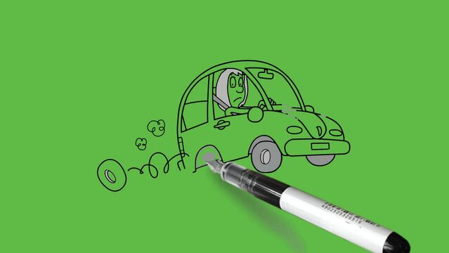 draw accidental car, one wheel come out, driver sit inside it with black outline on abstract green screen background

