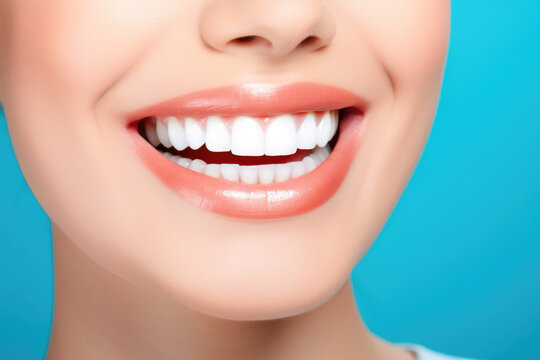 Joyful Smile: Radiant Teeth on Blue. Generative AI